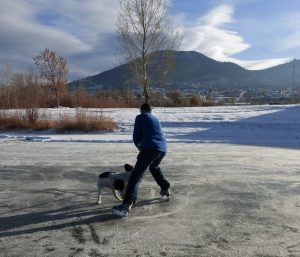 Dropping his shoulder, Finny drives his body into my left knee, sending me sprawling onto the ice. Game tied 3-3.