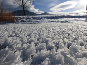 Hoar frost on the surface of Spring Meadow Lake in Helena yesterday.