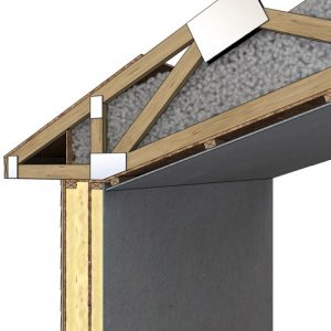 An OSB air barrier connects from the wall exterior to the ceiling indoors, providing a strong air barrier surrounding the building.